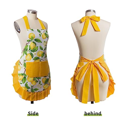 Vintage Floral Apron for Women with Functional Pockets Adjustable Neck Strap for Cooking Baking Mother's Gift (Lemon)