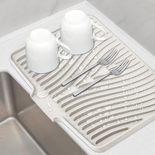 Silicone Dish Drying Mat for Kitchen Counter (Beige-1pc / 16" x 12")