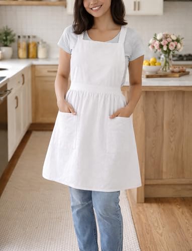 Cute Cotton Pinafore Aprons for Women with Pockets for Kitchen (White)