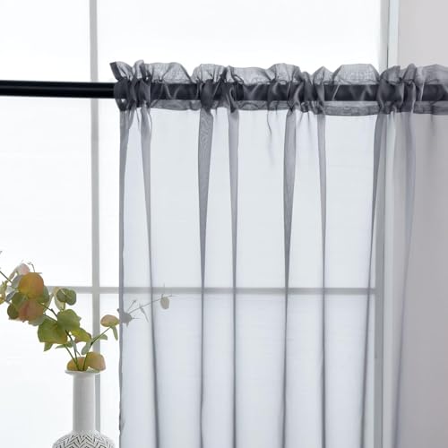 Grey Sheer Curtains 4 Panels Rod Pocket Semi (Grey / 52"W x 90"L (Pack of 4))