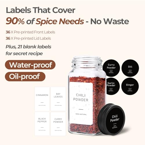 Glass Spice Jars with with Labels 4 oz 24 Pack Small Square Bulk Set (Metal Black Lids)