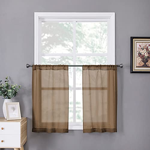Short Sheer Tier Curtains Linen Textured Half Kitchen Curtain Sheers Light Filtering Rod Pocket Voile Small Curtain for Bathroom (25"W x 24"L (Pack of 2) / Brown)