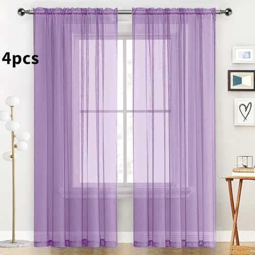 Lavender Sheer Curtains 4 Panels Rod Pocket Semi (Lavender / 52"W x 54"L (Pack of 4))