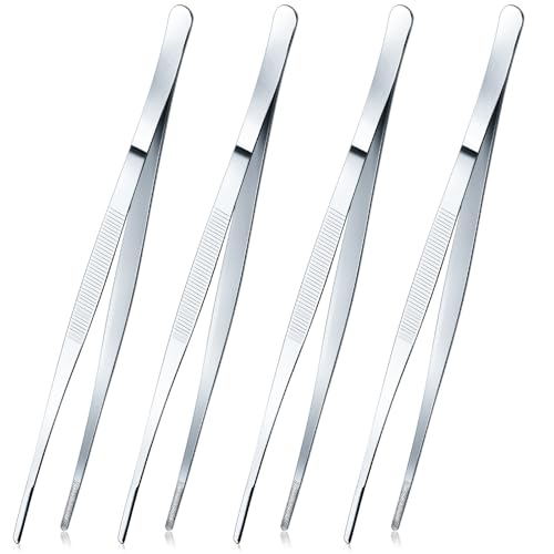 4 Packs 10 Inch Cooking Tweezers Bar Kitchen Tongs (10 Inch / Silver)