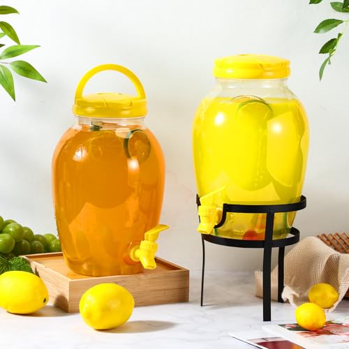 2 Pack 1.16 Gallon Drink Beverage Dispenser with Stand for Parties Plastic Water Lemonade Juice Dispenser with Spigot and Lid for Countertop Weddings (Yellow)