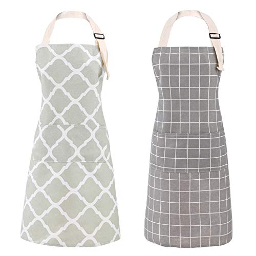 2 Pack Cotton Adjustable Bib Apron for Women (Cotton - Grey/Green)