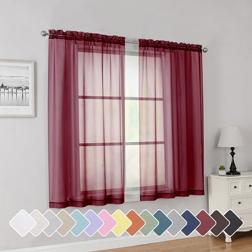 Rod Pocket Top Solid Voile Sheer Curtains for Bedroom (Burgundy / 42"W x 54"L (Pack of 2))