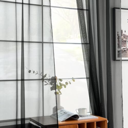 Solid Sheer Rod Pocket Curtain Voile Draperies 2 Panels White Beige Black Ivory Coffee 26 Inch Width 24 Inch Long 1 Pair for Kitchen Bedroom Children Living Room Yard (Black / 26"W x 24"L (Pack of 2))