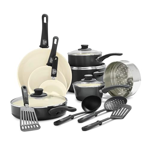 16 Piece Ceramic Nonstick Pots & Pans Cookware Set (16 Piece Cookware Set / Soft Grip / Graphite Black)