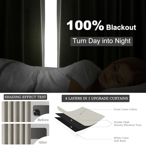 Flax Grey Blackout Curtains 95 Inch Length 2 Panels for Dining Room Darkening Curtain for Bedroom Linen Textured 100% Black Out Sunblock Light Blocking Long Drapes for Living Room Patio Door Back Tab (Flax Grey / 52"W x 95"L (Pack of 2))
