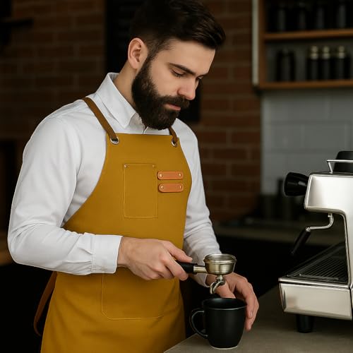 Chef Aprons for Men Canvas Apron with Large Pockets and Adjustable Neck Strap for Cooking (Brown)
