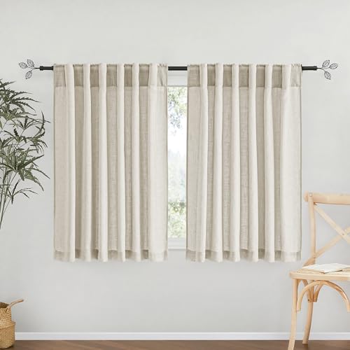 Short Linen Sheer Curtains for Small Kitchen Cafe Bathroom Window (Angora / 52"W x 45"L (Pack of 2))