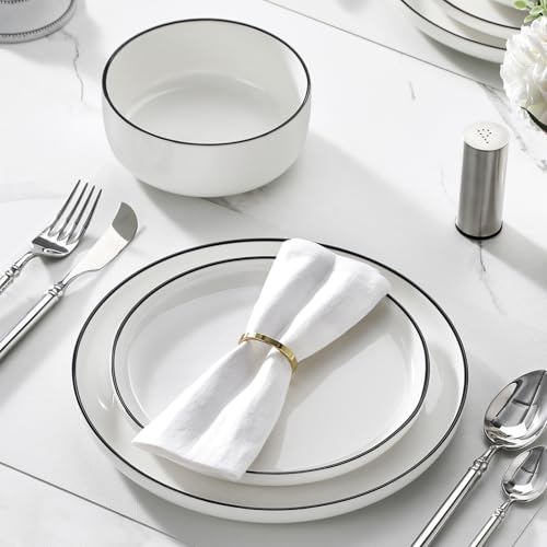 Plates and Bowls Sets (Ivory White-Black Rim / 24 Pcs (Service for 8))