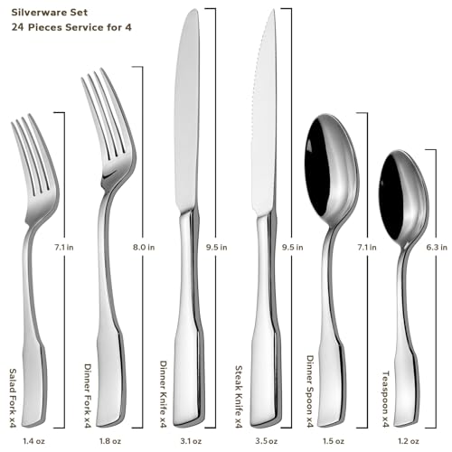 Kate 24 Piece Silverware Set with Steak Knife (Silver / 24 pieces for 4)