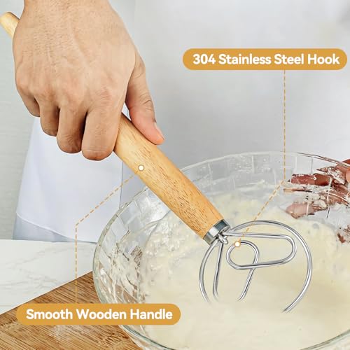 Danish Dough Whisk Dutch Bread Mixer Stainless Steel Hook Wooden Handle Baking Tools for Sourdough Pizza Pastry Cake Batter Making (White Wax Wood-XX / 1 Pack)
