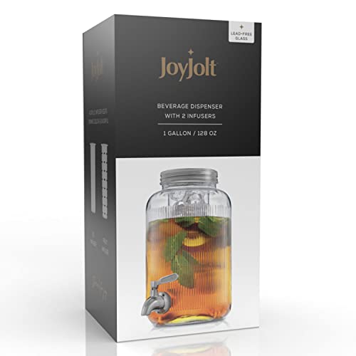 Fluted 1 Gallon Drink Dispenser. Glass Beverage Dispenser with Stainless steel Spigot plus Ice Cylinder and Fruit Infuser! Water Dispenser