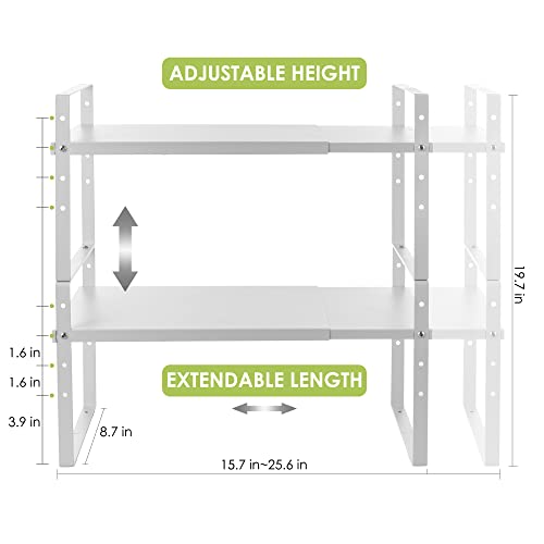 Expandable Cabinet Shelf Organizer Rack (8.7''D*15.7-25.6''W*9.8''H / White-2 Pack)