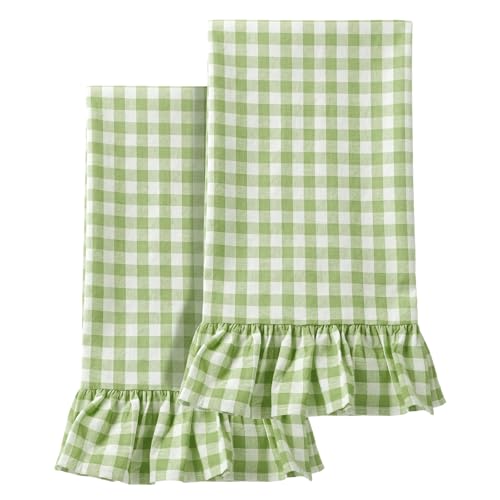 2 Pcs Mint Green Gingham Kitchen Towels Cotton Ruffled (Mint Green / Gingham)