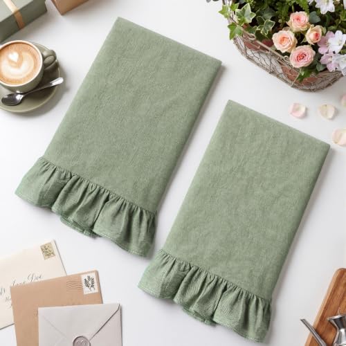 2 Pcs Sage Green Kitchen Towels Retro Towels Cotton Ruffled (Sage Green / Retro)