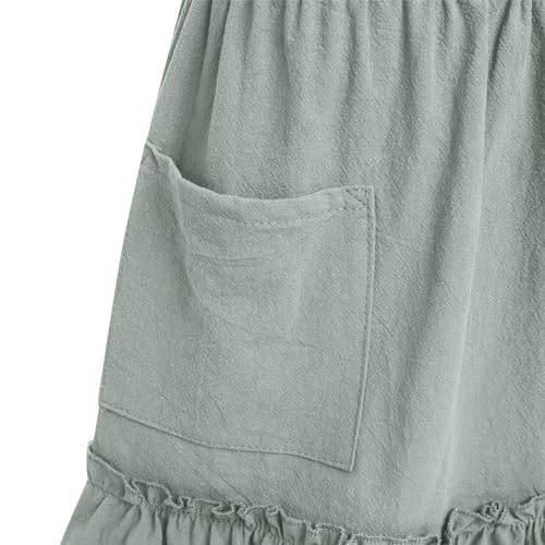 Womens Cute Frill Cross Back Cotton Linen Japanese Apron With Pockets (Sage Green Kids / 3-6 Years)