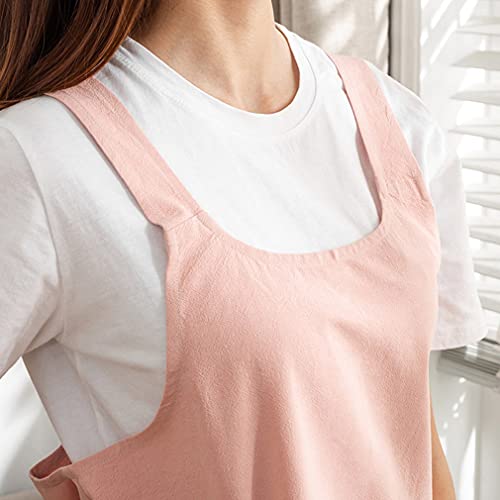 Cotton Cross Back Aprons Solid Color Cooking Kitchen Garden Smock for Women Girls with Pockets (Pink / 37W x 32L)