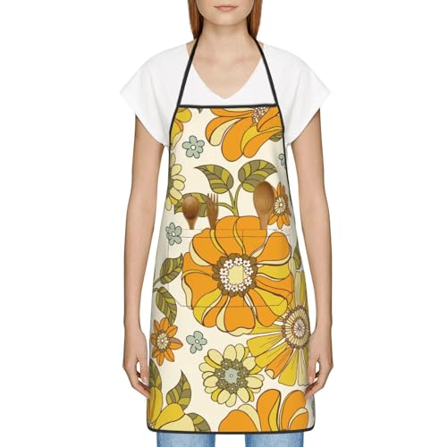 Retro 70s Style Flower Oven Mitts Pot Holders Cooking Apron Set of 5 Silicone Kitchen Glove Apron Non (Yellow)