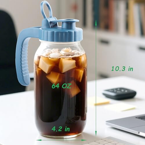 Mason Jar Pitcher With Stainless Steel Filter 64 OZ Wide Mouth Cold Brew Coffee Maker 2 Quart Glass water pitcher with lid Half Gallon Cold hot Tea maker For Lemonade Milk Juice Refrigerator (64 OZ)