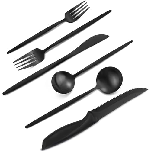 24 Pieces Matte Black Silverware Set with Steak Knives (Matte Black)