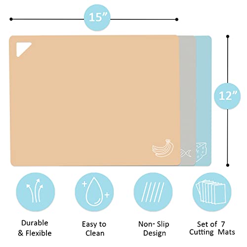 7 Pieces Plastic Flexible Cutting Boards for Kitchen (Soft Colors)