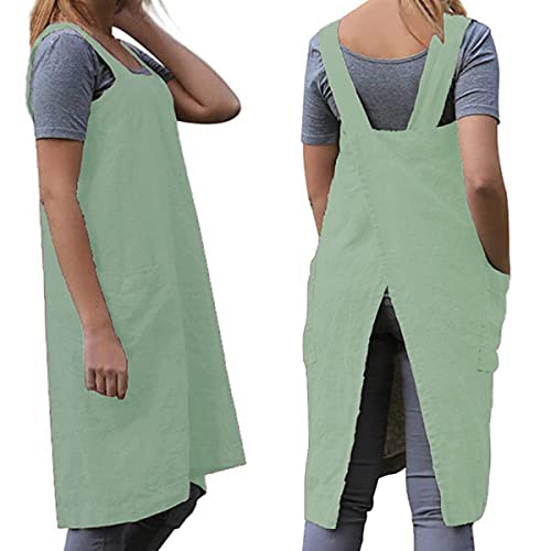Cotton Linen Apron Blend Dress with Big Pockets for Women Square Pinafore Dress for Baking Cooking BBQ & Grill (Light Green / Small)