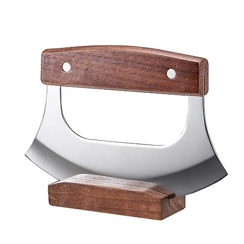 Ulu Knife with Stand for Cutter Pizza Meat Vegetables Herb Salad (Brown)
