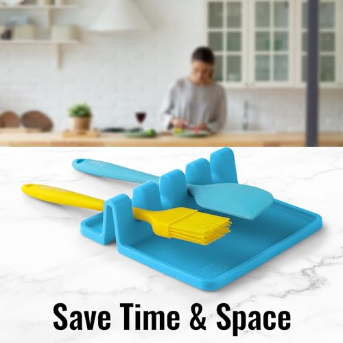 Silicone Utensil Rest with Drip Pad for Multiple Utensils (Medium / Blue)