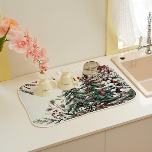Christmas Dish Drying Mat 18 x 24 inch Winter Christmas Tree Pine Trees Decorative Drying Mats Microfiber Absorbent Xmas Decor Dish Washable Draining Mat for Kitchen Counter (18" x 24" / Christmas2)