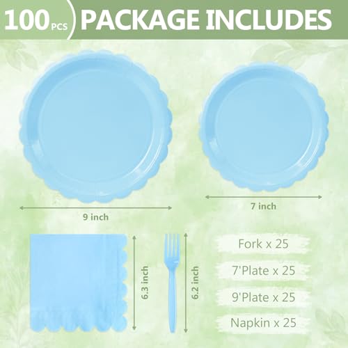 100 Light Blue Paper Plates and Napkins Disposable Set for Party (Light Blue 100 Plate Set / 7 & 9-inch Set)