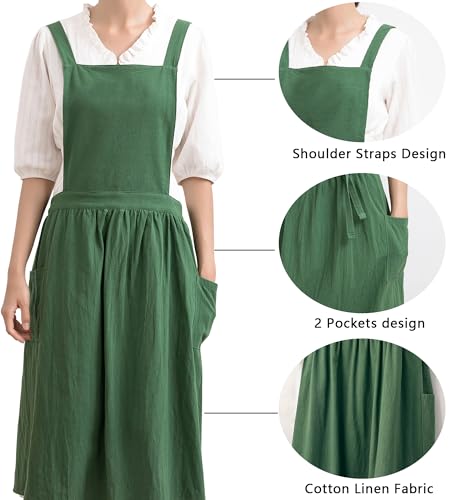 Cotton Linen Pinafore Apron Dress for Women with Pockets Chef Aprons Cross Back Apron for Kitchen Baking Painting (Green)