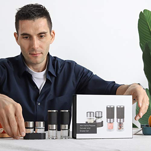 Mini Salt and Pepper Grinder set with 2 Small Salt and Pepper Shakers Portable Cute Tiny Spice Grinder Pepper Mill Salt Grinder for Travel (Black)