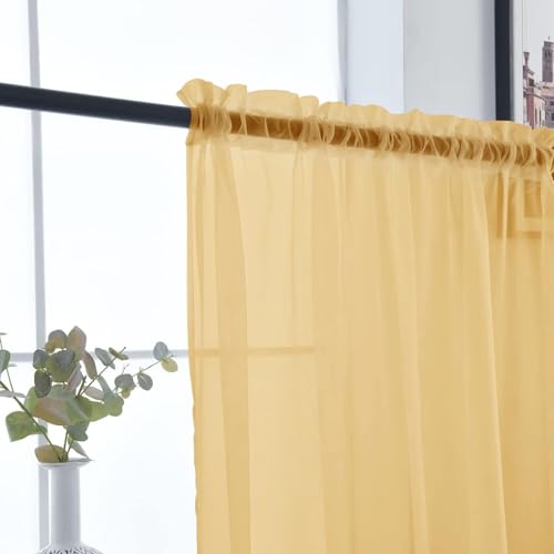 Basic Rod Pocket Sheer Voile Window Curtain Panels Gold 1 Pair 2 Panels 52 Width 45 Inch Long for Kitchen Bedroom Children Living Room Yard（Gold (Gold / 52"W x 45"L (Pack of 2))