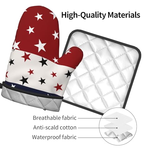 Red White and Blue Oven Mitts and Pot Holders Sets Patriotic American Flag StripedKitchen Mitts 4th of July Hot Pads for Cooking BBQ Baking Grilling (Red White Blue Stars Striped Flag)