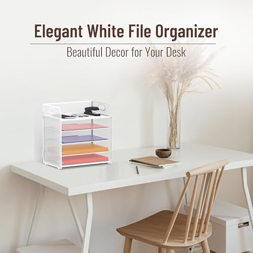 2 Pack 5 Tier White Desk Organizer with Handle Mesh Desk File (Elegant White)