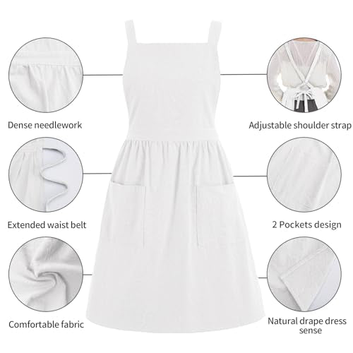Cute Cotton Pinafore Aprons for Women with Pockets for Kitchen (White)