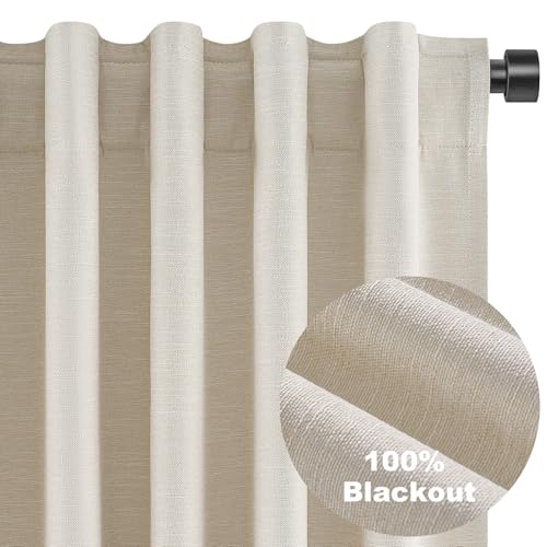 Extra Long 132 Inch 100% Blackout Curtains for Livingroom Neutral Boho Linen Blend Farmhouse Curtain Drapes Sound Proof Drapes Privacy Ceiling Track Villa Bedroom 11Ft (Beige / 52"W x 132"L (Pack of 2))