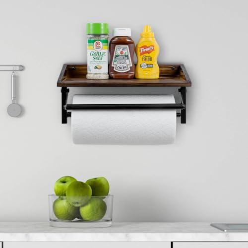Black Metal Paper Towel Holder Wall Rack with Rustic Wood Shelf (Matte Black Metal Paper)