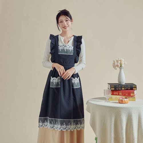 Cute Cotton Apron Frilly Lace Ruffle Adjustable Pinafore Apron Dress with Pockets for Cooking Baking Cleaning Gardening (Navy)
