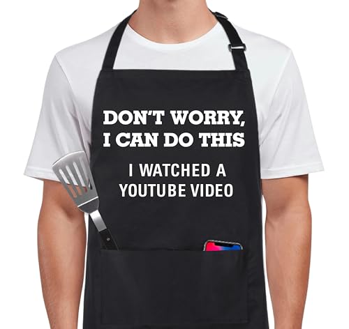 Funny Apron for Men Women 100% Cotton Don't Worry I Can Do This Adjustable Bib Aprons with 2 Pockets Funny Gifts Grilling Grill Kitchen Cooking BBQ Black (Don't Worry I Can Do This)