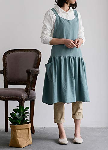 Japanese Cotton Cross Back Pinafore Apron for Women with Pockets Turquoise (09 - Turquoise With Waist Ties)