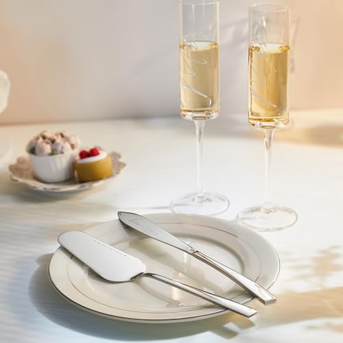 Engagement Gifts for Couples Mr and Mrs Champagne Flutes (Love is Sweet（Sliver Cake Knife） / Set of 4（Gift box）)