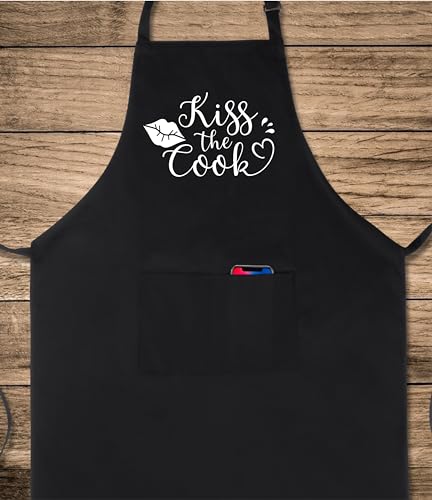 Funny Apron for Men Women 100% Cotton Kiss The Cook Adjustable Bib Aprons with 2 Pockets Funny Gifts Grilling Grill Kitchen Cooking BBQ Black (Kiss the Cook)