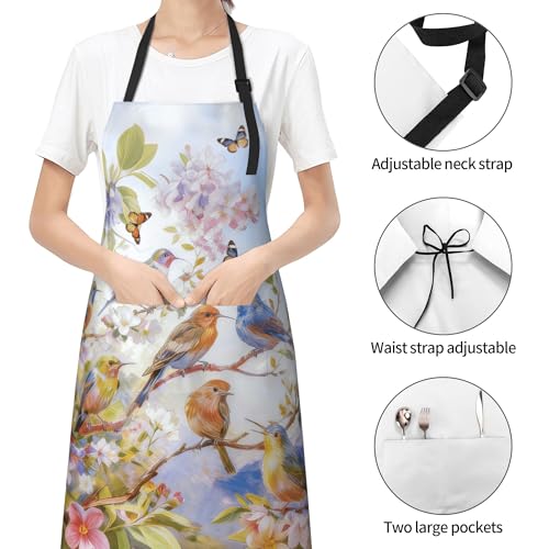 Bird Aprons for Women Spring Flower Kitchen Apron Adjustable Neck for Cooking BBQ Painting (33" x 28"(Pack of 1) / Spring Bird Blue)