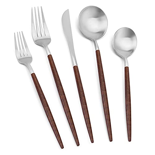 Matte Silver Silverware Set With Brown Handle (Matte Brown Silver)