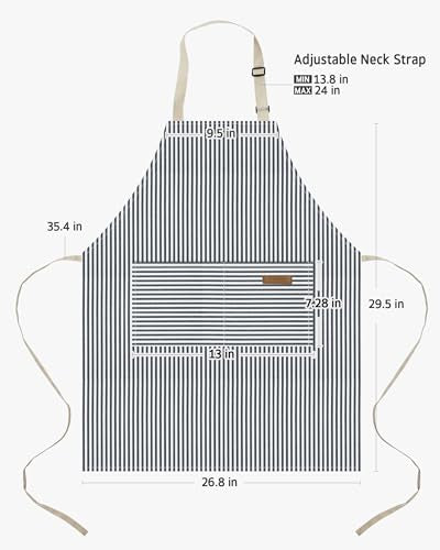 2 Pack Kitchen Apron with 2 Pockets for Women (Stripe Black Blue Pin / 2 Polycotton)
